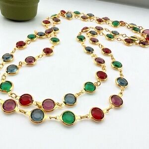 VTG Swarovski Gold Bezel Set Necklace with Red, Green, Blue and Purple Crystals